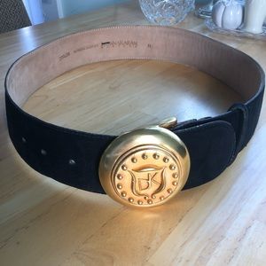 Donna Karan Vintage Luxury Couture  Wide Black Suede Belt with Gold Medallion